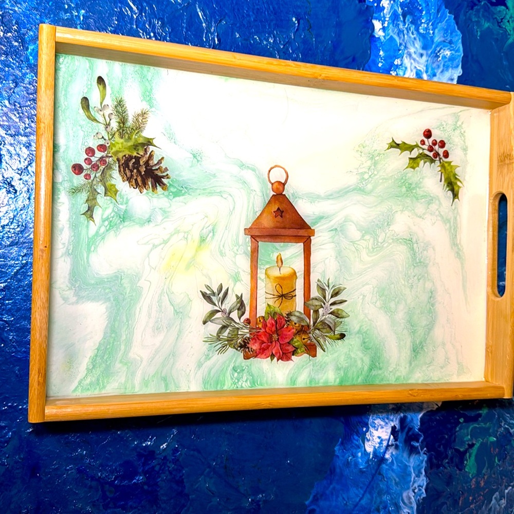 SERVING TRAY- w/handles-  Spring/Family light wooden Festive Design